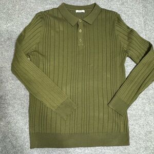 Coofandy Men’s Ribbed Knit Polo Sweater Olive Green Large Long Sleeve Muscle Fit
